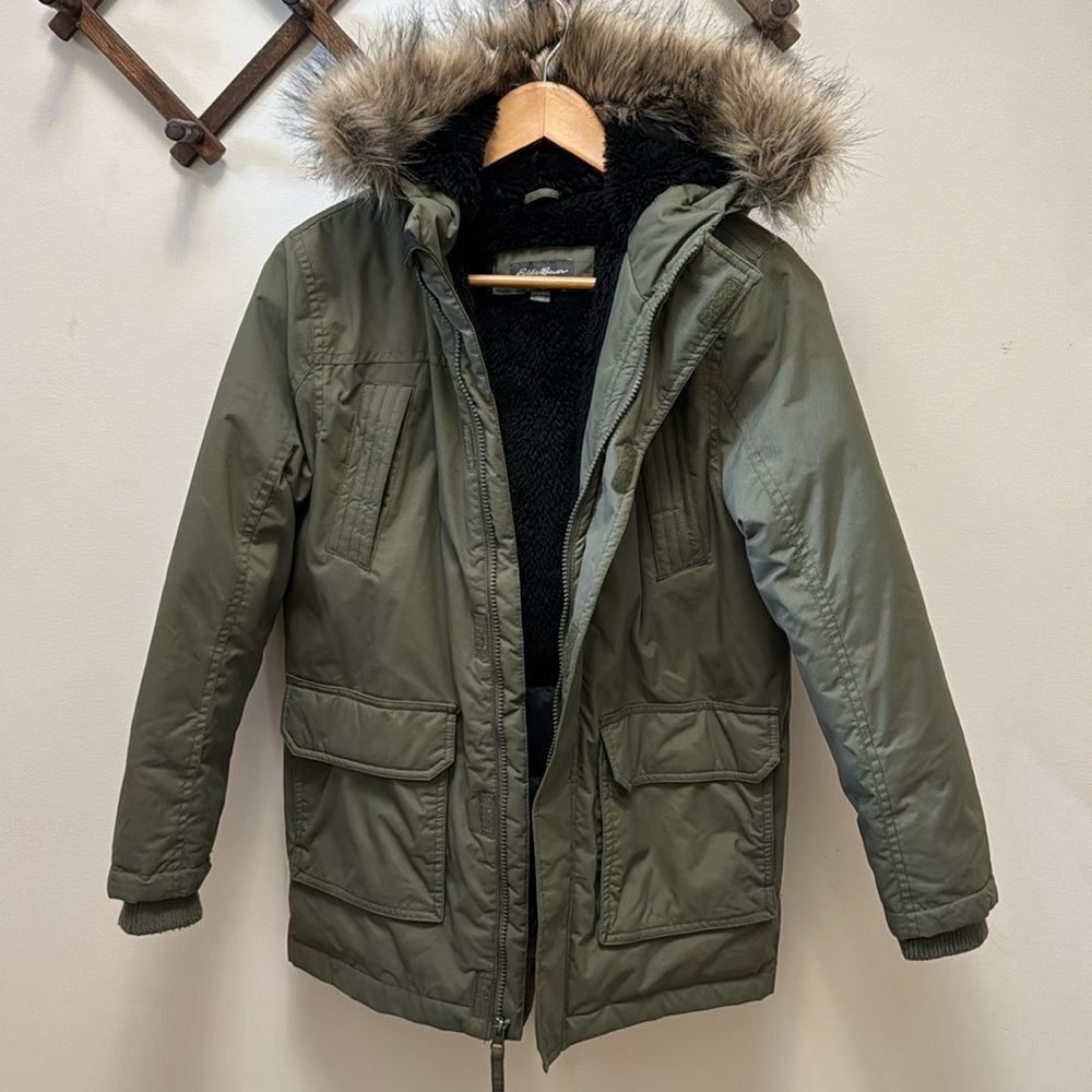 Eddie Bauer Kids M(10/12)-faux fur collar & faux fur &puffer lined Olive Green